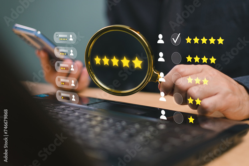 Customer review satisfaction feedback survey concept. User give five happy smile face rate to business service excellent experience on magnify glass. Client evaluate five star of service reputation .