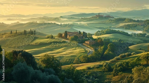 Panoramic view of a rolling countryside at dawn