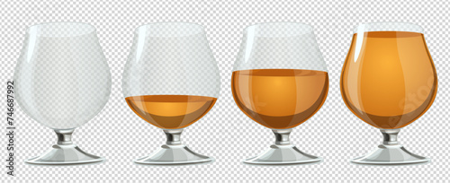 Cognac glass of cognac or whiskey of varying degrees of fullness from empty to full on the background imitating transparency. Image produced without the use of any form of AI software at any stage