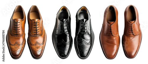 Top view of elegant Italian male shoes in brown and black tones over isolated transparent background