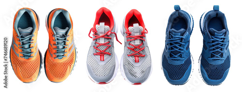 Collection of pairs of new running shoes over isolated white transparent background