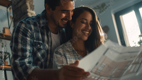 A joyful couple reviews home plans together, exuding warmth and happiness as they envision future possibilities.
