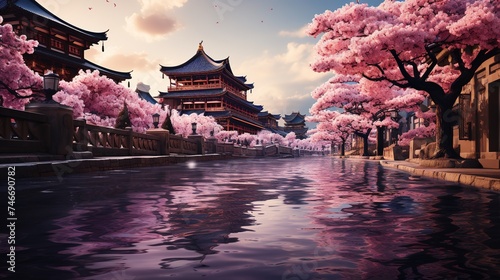 an aerial image of mt fuji through the cherry blossoms, in the style of grandiose architecture, light purple and red, piles/stacks, landscape mastery, culturally diverse elements, calming effect, spir