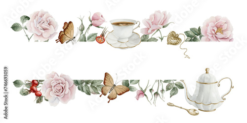Horizontal frame of rose hip flowers, berries, leaves, white porcelain teaware and butterflies. Watercolor illustration