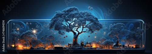an android tablet with a digital business and trees on it, in the style of mechanized abstraction, dark blue and light aquamarine, human-canvas integration, dynamic motion, blueprint, abstraction