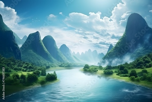 Mountain karst with water valley clean sky background AI Generated 