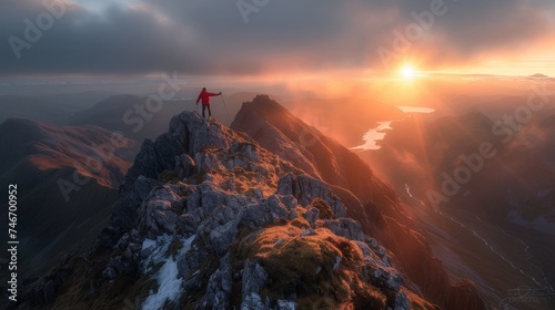 A climber in red jacket stands triumphant on a mountain peak as the sun sets behind distant hills, lighting up the rugged terrain