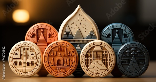 an image with five wooden pyramid icons with arrows in the middle, in the style of light orange and azure, circular shapes, carved wood blocks, dau al set, innovative