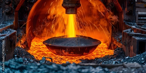 A metalworking furnace used for molten metal ladle operations in industry. Concept Industrial Furnace, Metalworking Equipment, Ladle Operations, Molten Metal, Manufacturing Machinery