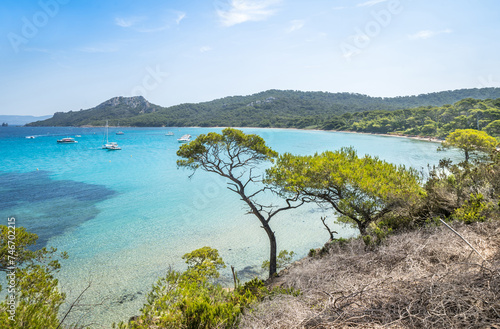 Beautiful Notre Dame beach (Plage Notre-Dame) on Porquerolles island (l'île de Porquerolles), France