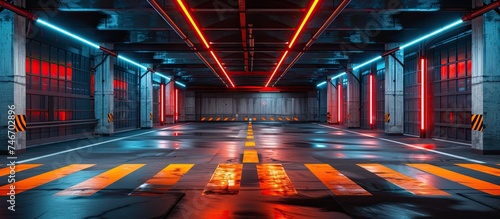 An empty underground parking garage illuminated by neon lights on the ceiling, creating a futuristic and industrial atmosphere. The lights highlight a pedestrian crossing, adding a splash of color to