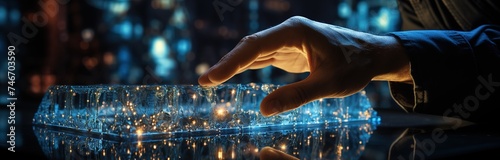 an outline of a person is touching a screen with technology connected to it, in the style of light cyan and navy, industrial texture, bokeh panorama, scientific diagrams, technology-based art, dark az