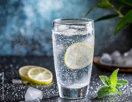 Bicchiere di acqua ghiacciata naturale o frizzante. Acqua con limone o lime. Cocktail alcolico o analcolico
