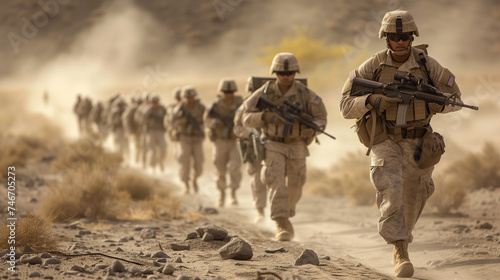 Army infantry soldiers moving by foot through the desert. 