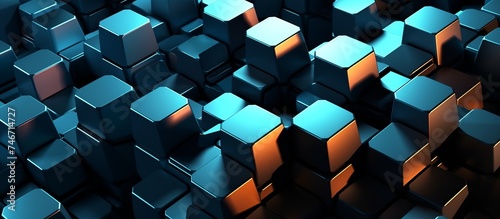 Colorful 3D vector illustration of hexagon arrangement and polygonal mesh Blockchain technology. Information blocks in volumetric composition. Edge glowing neon lights