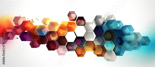 Colorful 3D vector illustration of hexagon arrangement and polygonal mesh Blockchain technology. Information blocks in volumetric composition. Edge glowing neon lights