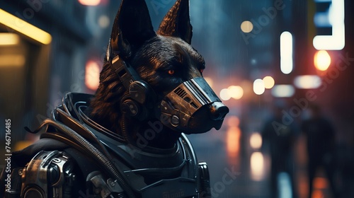 realistic. A police officer robot with a German shepherd head, patrolling the streets with loyalty and alertness. , cinematic style