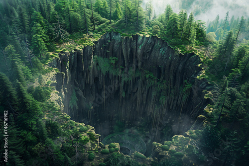 A surreal visualization of a sinkhole forming in a forested area the earth collapsing into an unknown abyss
