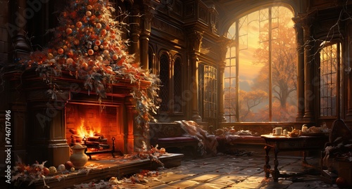 christmas tree in front of the fireplace on the wooden table, golden light, vibrant stage backdrops, nostalgic imagery