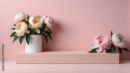 Product podium for product presentation and display with garden summer and spring flowers, peonies, floral summer background podium for cosmetic, with nature in the background. Generating AI