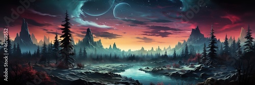 colorful scene at the edge of a winter landscape, in the style of the stars, digital illustration, festive atmosphere, smokey background, dark teal and light crimson, rtx on, aurorapunk