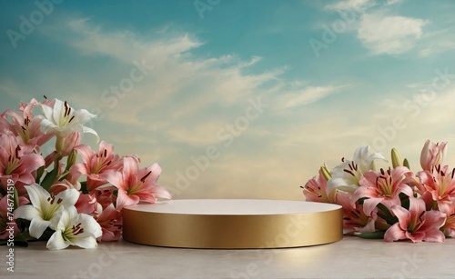 Product podium for product presentation and display with garden summer and spring flowers, lilies, floral summer background podium for cosmetic, with nature in the background. Generating AI