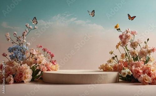 Product podium for product presentation and display with garden summer and spring flowers, floral summer background podium for cosmetic, with nature in the background. Generating AI 