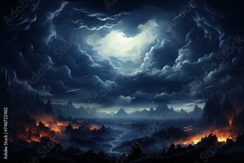 dark blue clouds nastia rain storm lightning clouds, in the style of mysterious backdrops, detailed backgrounds