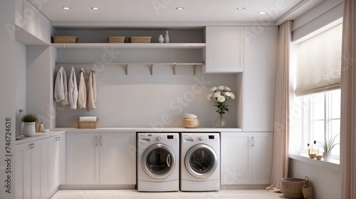 A Beautiful laundry room with long narrow space, washing machine in the kitchen 