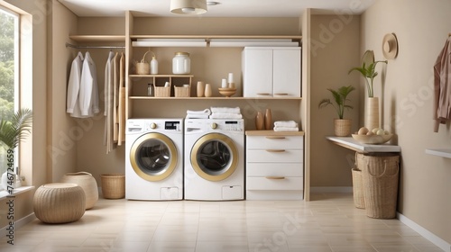 A Beautiful laundry room with long narrow space, washing machine in the kitchen 