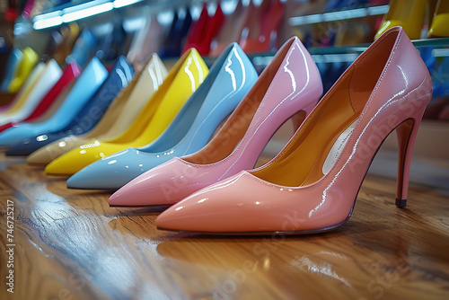 High heel shoes of different vibrant colors in a shoe store, fashion concept, generative ai