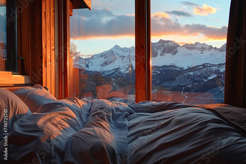 Open eco-lodge hotel room with mountain view at sundown