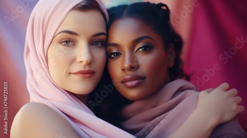 Portrait of Two Women of different ethnicities and cultures side by side together. Ladies of different ages looking at camera while standing together. Strong independent women for women empowerment.
