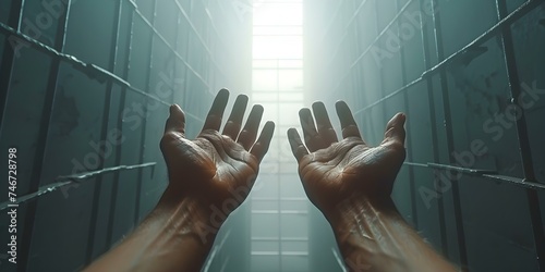 Hands extend through prison bars toward light embodying pursuit of freedom. Concept Freedom, Imprisonment, Hope, Light, Struggle