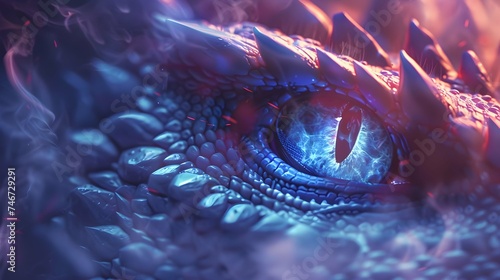 Close up of a dragon eye in blue and purple colors. Fantasy digital artwork