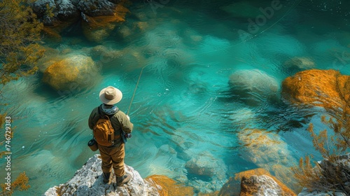 Angler standing on a rocky riverbank in crystal clear waters.