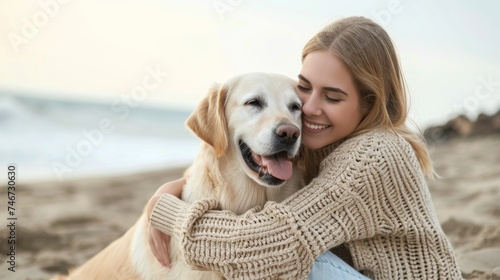 A young woman in a sweater hugs a golden retriever dog sitting on the sand near the sea