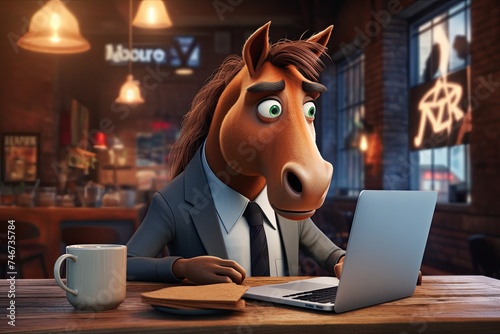 A gallant horse in a classy suit, looking worried while tracking stocks on his macbook in a coffee shop