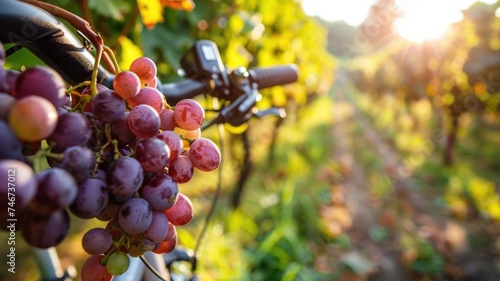 warm sunset light bathes a bunch of ripe grapes hanging near a bicycle handle, symbolizing an active lifestyle intertwined with the beauty of viticulture