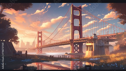 golden gate bridge with the sun rising on the sky at sunset, romantic riverscapes, photo-realistic hyperbole, ambitious, hyper-realistic water, dark white and light orange