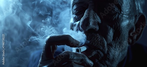 Blue-Toned Artistic Close-up Portrait of Senior Man Smoking