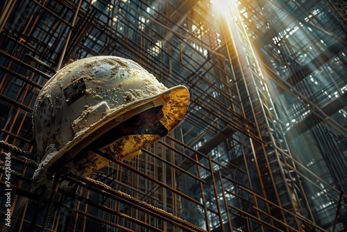A powerful close-up of a worker helmet, dust-covered and worn, set against the intricate network of steel girders of an under-construction building.