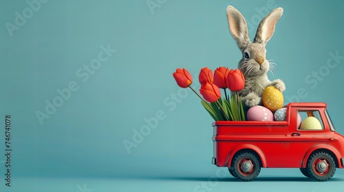 bunny in a red truck is carrying bouquet of tulips and eggs, blue background, Easter greeting card with copy space