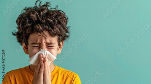 Child sneezing into a tissue with eyes closed.