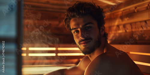 Junger Mann sitzt alleine in der Sauna und genießt die Auszeit