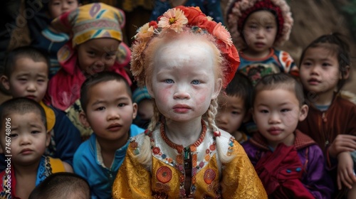International Albinism Awareness Day, an Asian albino girl among children in national costumes, a genetic feature of appearance, not like everyone else