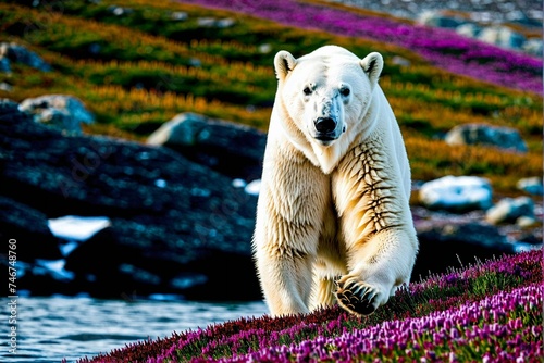 Polar bear (Ursus maritimus) walking on the snow in sunset.