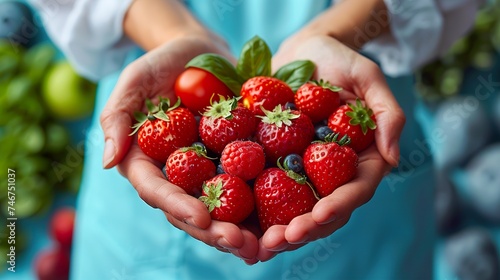 Female hands hold freshly picked strawberries. Ai generative