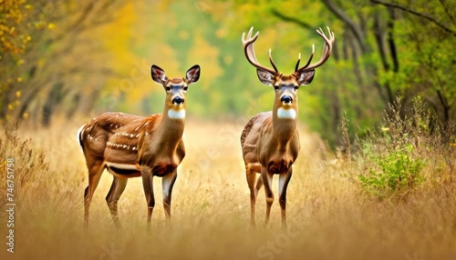 a couple of deer standing next to each other on a lush green forest filled with lots of tall brown grass.