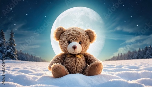 a teddy bear sitting in the middle of a snow covered field with a full moon in the sky in the background.